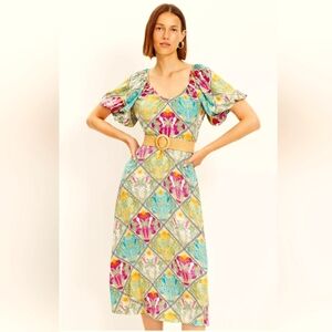 LOFT Petite Palm Raffia Belt V Neck Midi Dress